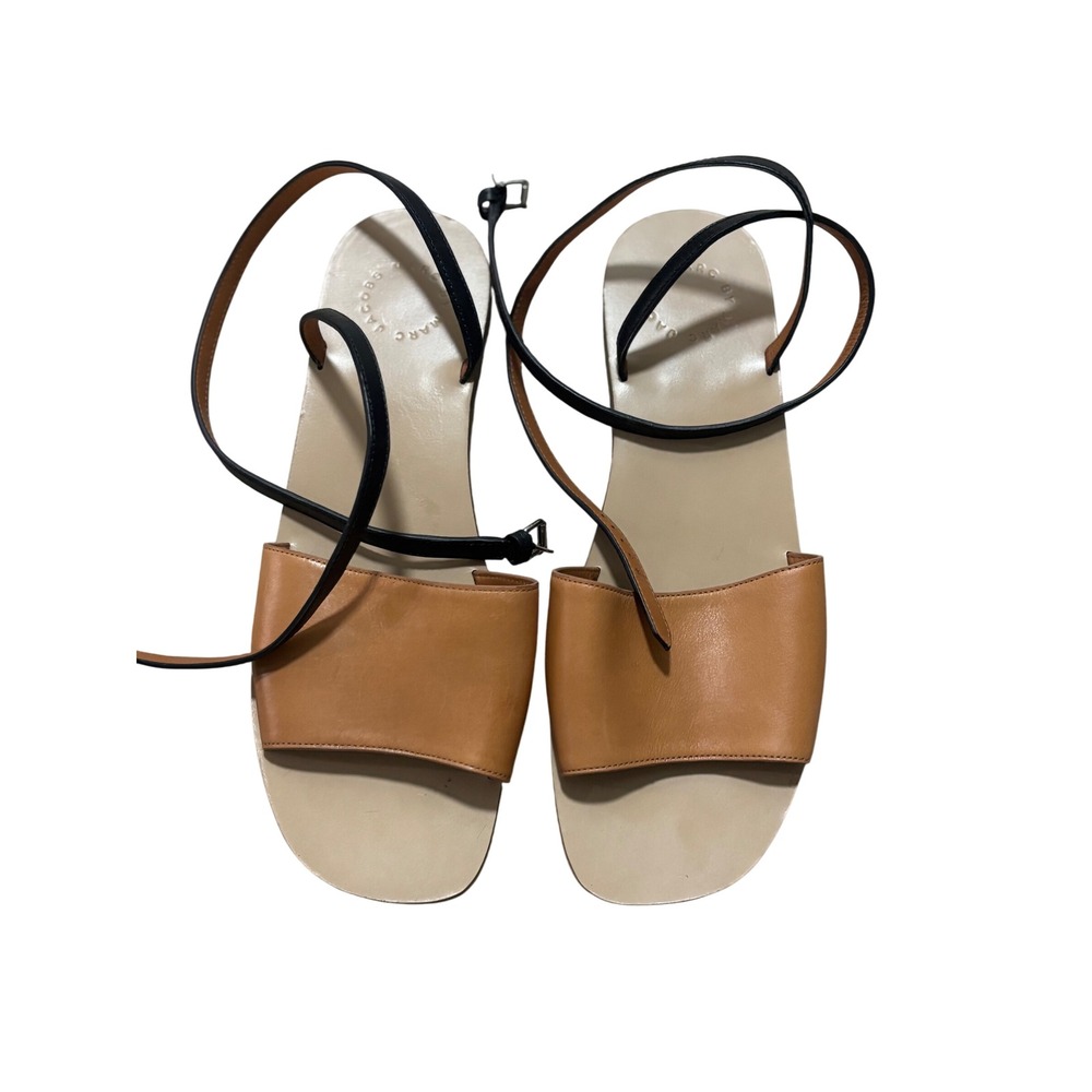 BY MARC JACOBS Tan Black Leather Ankle Strap Flat Sandals Women's Size 41